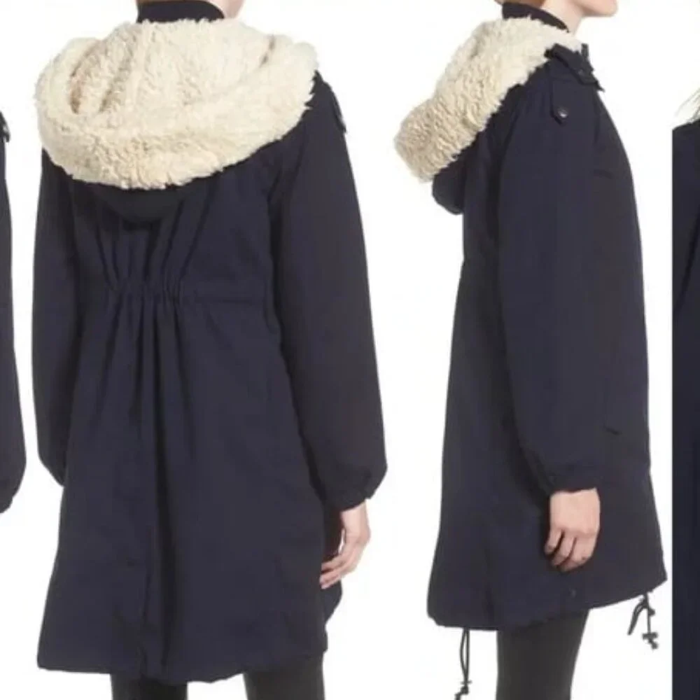 NWT AG ADRIANO GOLDSCHMIED Dani Parka Shearling Trim Hood Navy XS MSRP $698